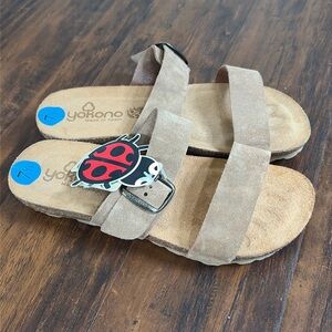 Yokono Sandals Womens 7.5 Leather Sandals Slip On Cork Wedge Buckle Vacation NEW